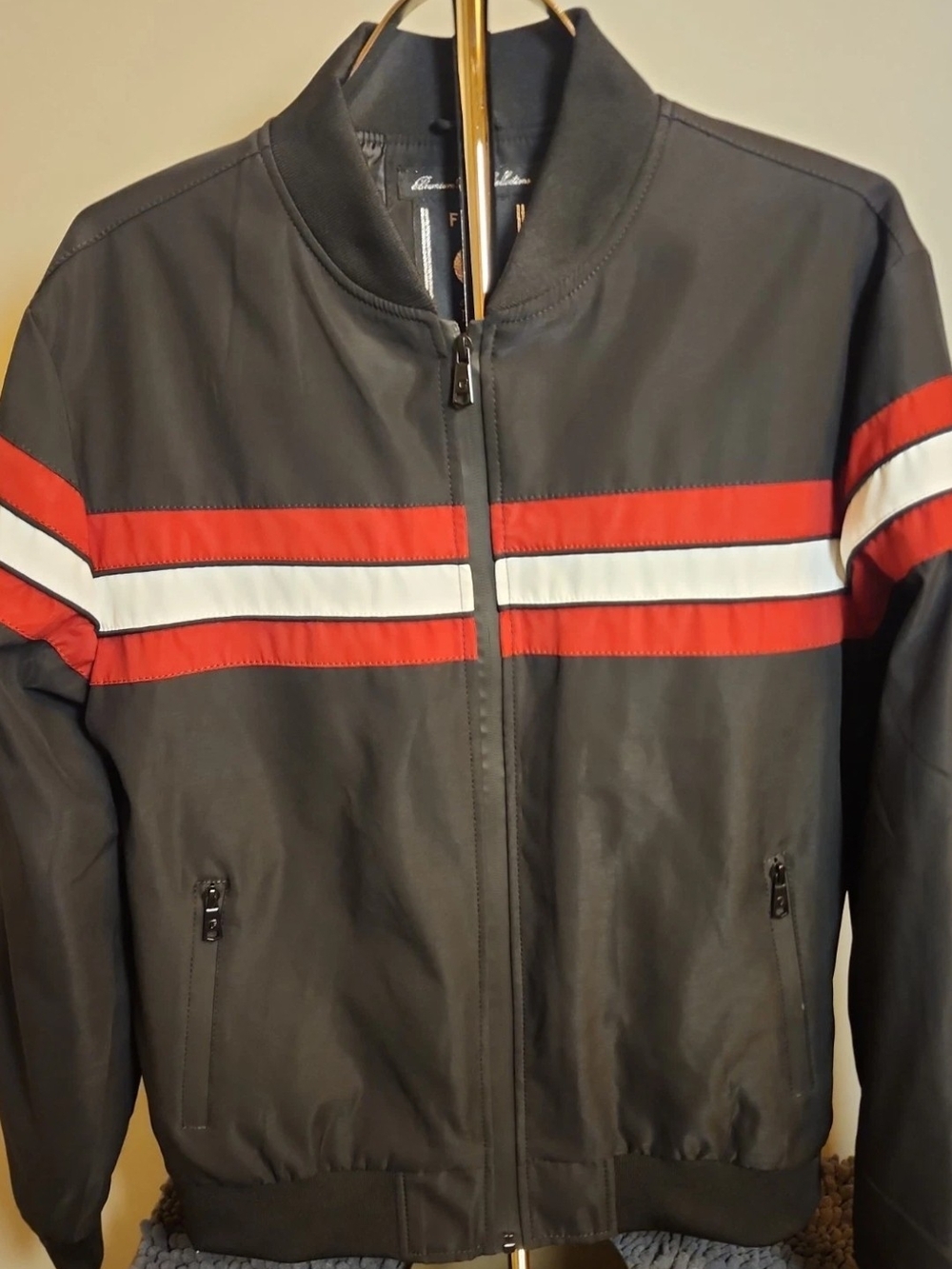 NWT Fried Denim Men's Black Bomber Moto Jacket with Red & White Racing Stripes